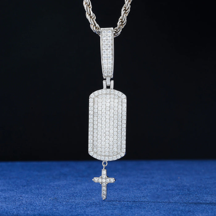 S925 Moissanite Iced Dog Tag Pendant with Dangling Cross - Different Drips