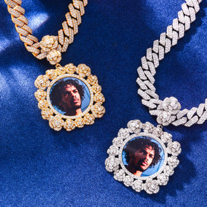 Rosette Halo Moissanite Custom Photo Medallion Pendant - Different Drips