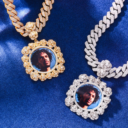 Rosette Halo Moissanite Custom Photo Medallion Pendant - Different Drips