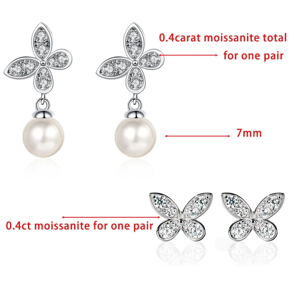 Women's S925 Moissanite Diamond Pearl Butterfly Earrings - Different Drips