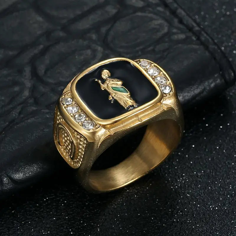 San Judas Black Enamel Signet Ring - Different Drips