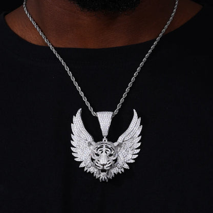 925 Sterling Silver Iced Out Winged Tiger Head Pendant Necklace - Different Drips