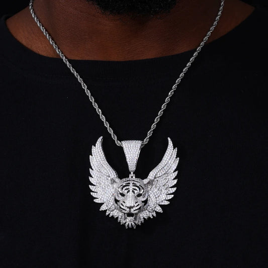 925 Sterling Silver Iced Out Winged Tiger Head Pendant Necklace - Different Drips