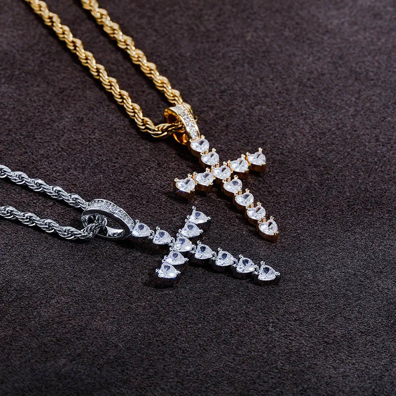 Iced Out Heart Shape Cross Pendant - Different Drips