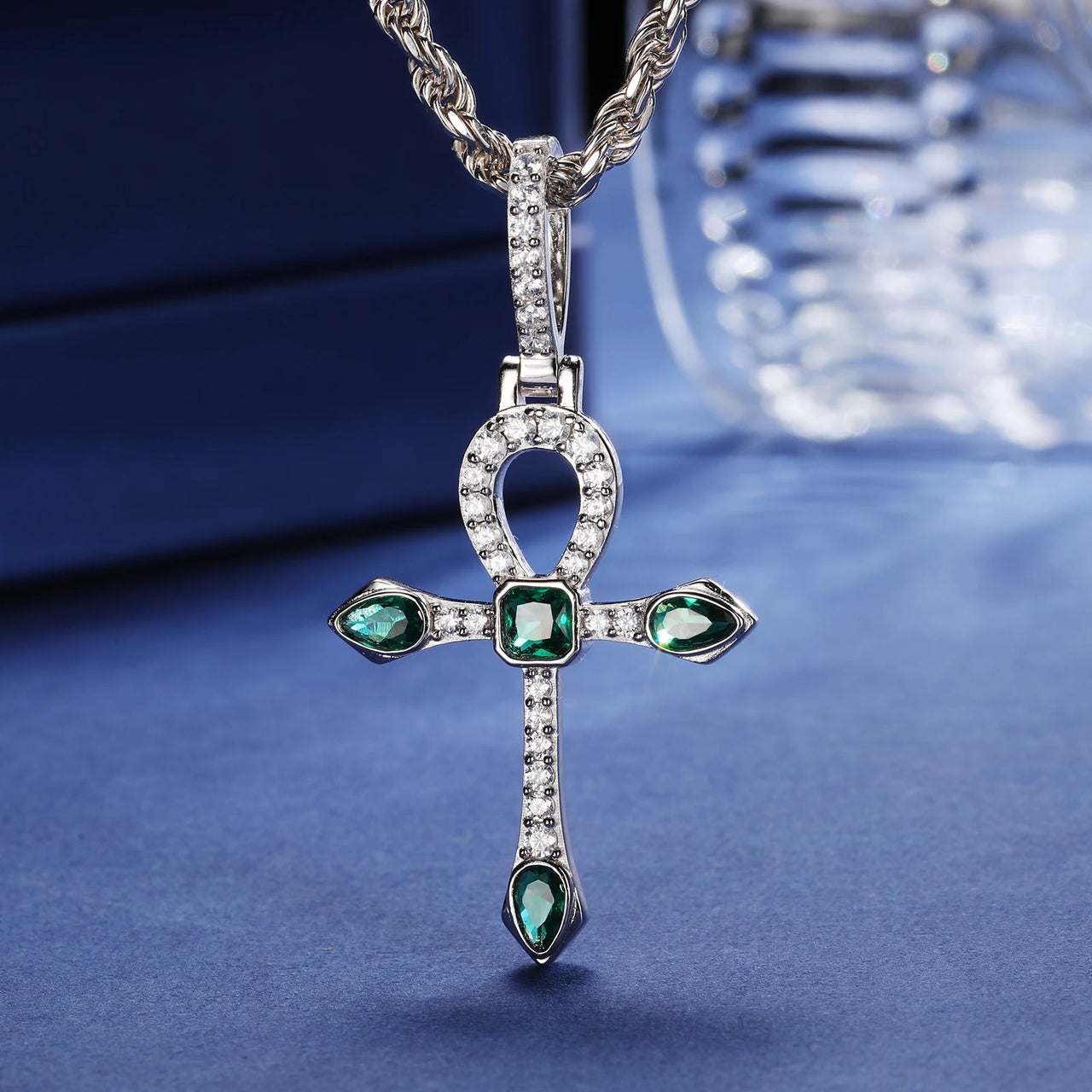 S925 Emerald Moissanite Ankh Cross Pendant - Different Drips