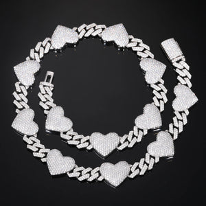 17mm S925 Moissanite Diamond Heart Stationed Cuban Link Chain - Different Drips