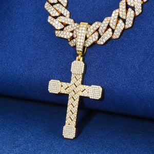 Basket-Weave Iced Moissanite Cross Pendant - Different Drips