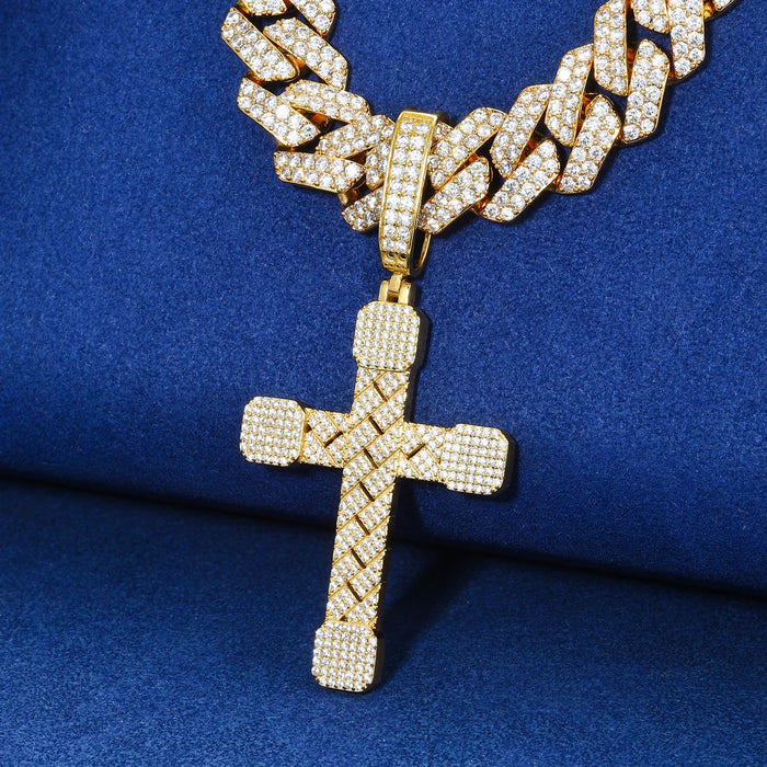 Basket-Weave Iced Moissanite Cross Pendant - Different Drips