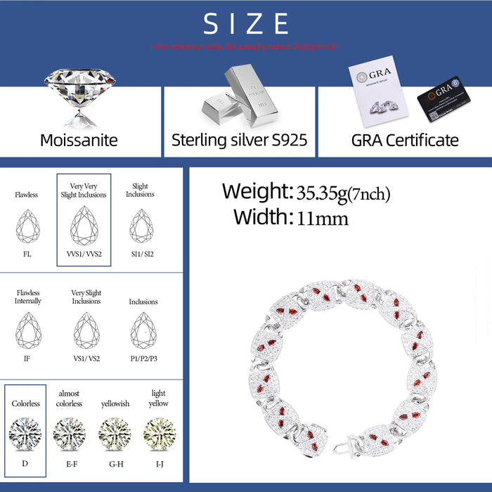 925 Sterling Silver Iced Red Stone Moissanite Mariner Link Bracelet - Different Drips