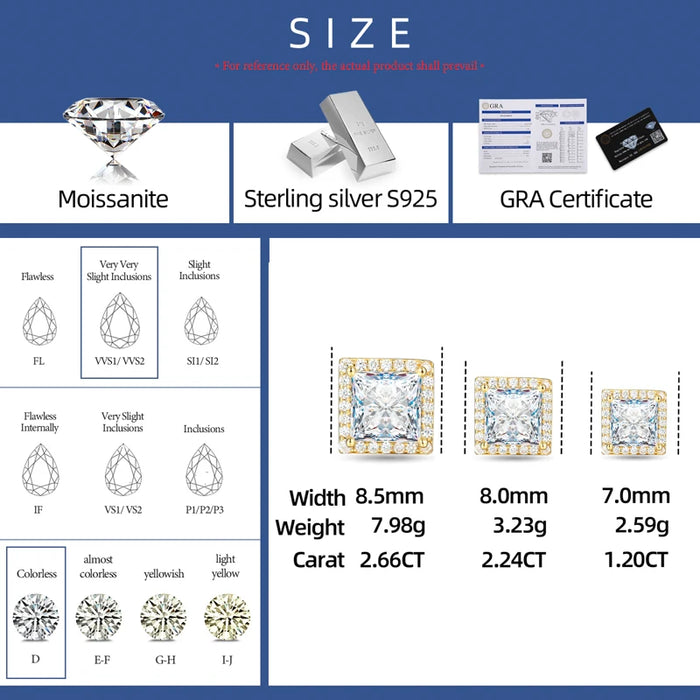 S925 Moissanite Princess Cut Square Stud Earrings - Different Drips