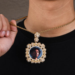 Rosette Halo Moissanite Custom Photo Medallion Pendant - Different Drips
