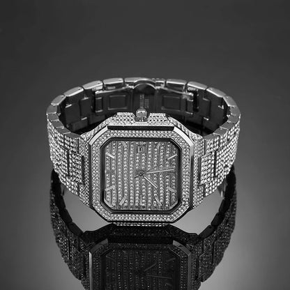 Green Iced Square Face Black Metal Watch
