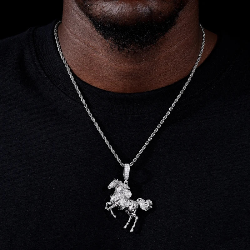 925 Sterling Silver Iced Out Moissanite War Horse Pendant - Different Drips