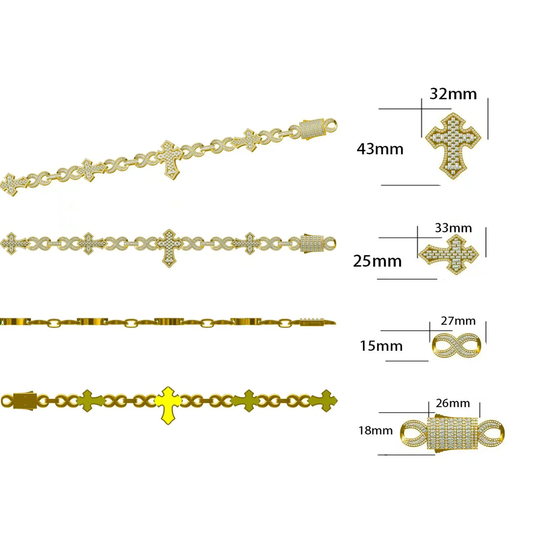 15mm Baguette Cross Stationed Infinity Link Chain - Different Drips