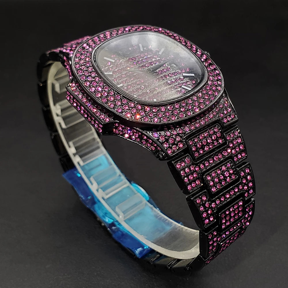 Bust Down Pink Cushion Case Watch with Date Window - Different Drips