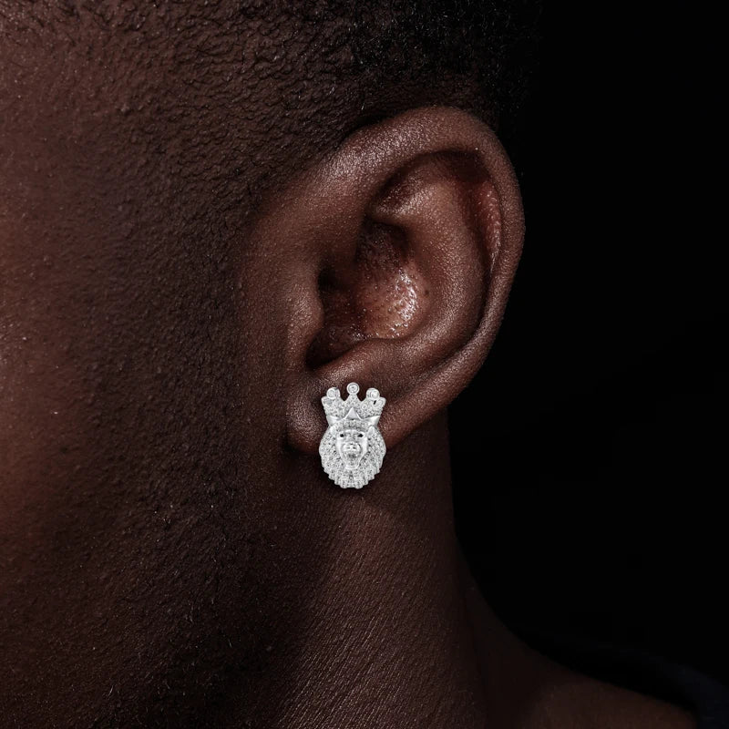 925 Sterling Silver Iced Crowned Lion Head Stud Earrings - Different Drips