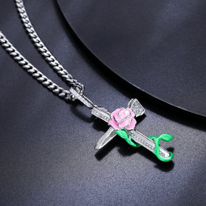 S925 Moissanite Glow In The Dark Pink Rose Cross Pendant - Different Drips