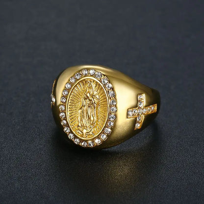Iced Virgin Mary Cross Signet Ring - Different Drips