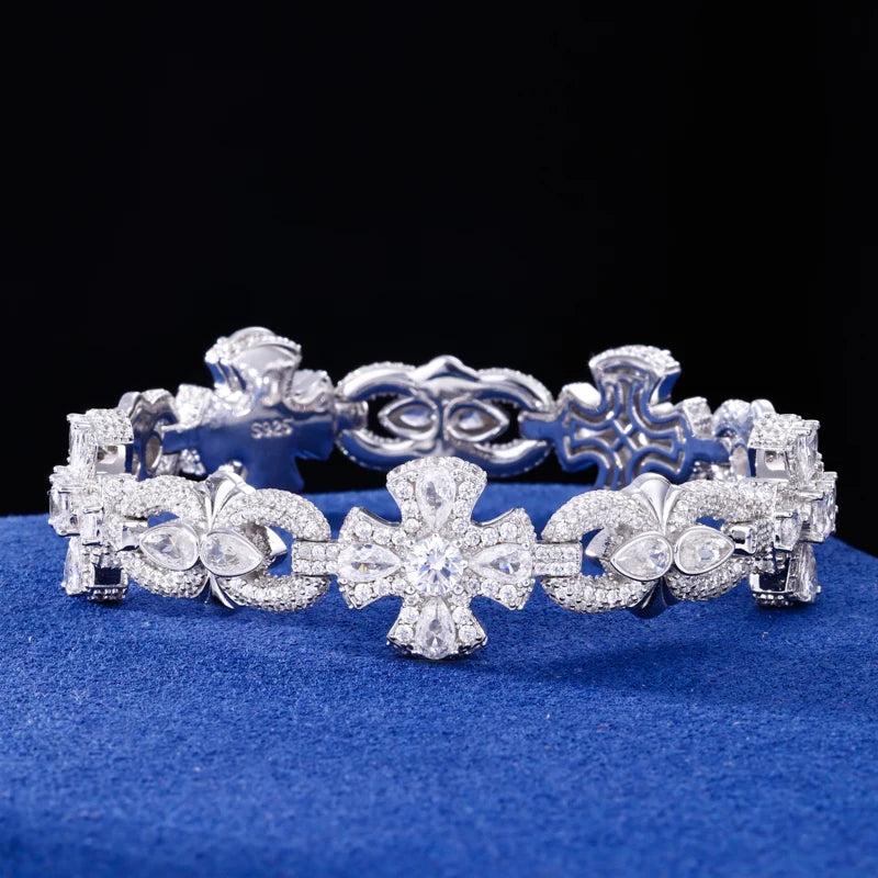 925 Sterling Silver Iced Out Moissanite Holy Light Cross Bracelet - Different Drips
