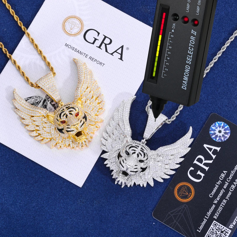 925 Sterling Silver Iced Out Winged Tiger Head Pendant Necklace - Different Drips