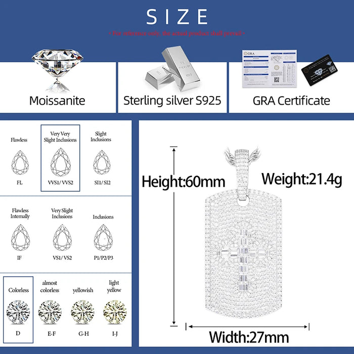 S925 Moissanite Baguette Diamond Cross Dog Tag Pendant - Different Drips