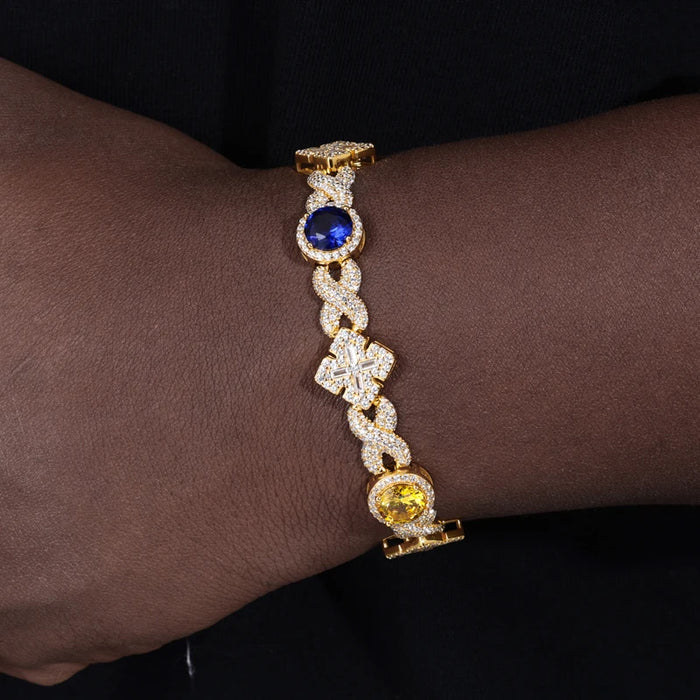 Infinity-Link Bracelet with Canary & Sapphire-Blue Rounds, Cross Center - Different Drips