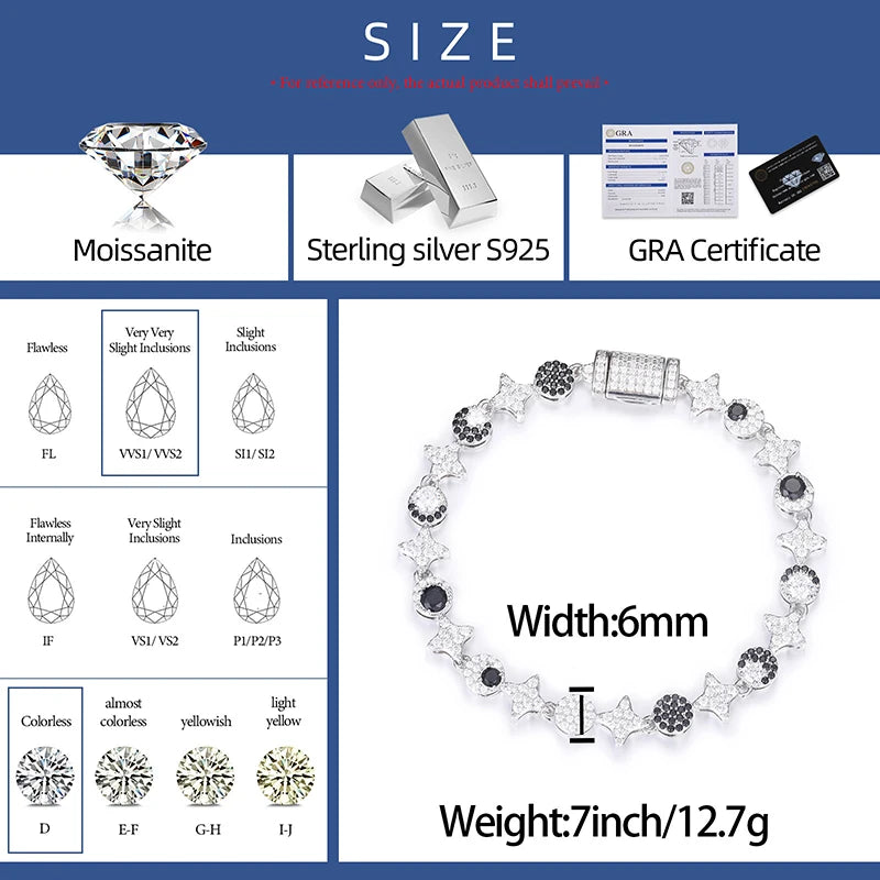 S925 Black & White Moissanite Star Link Bracelet - Different Drips