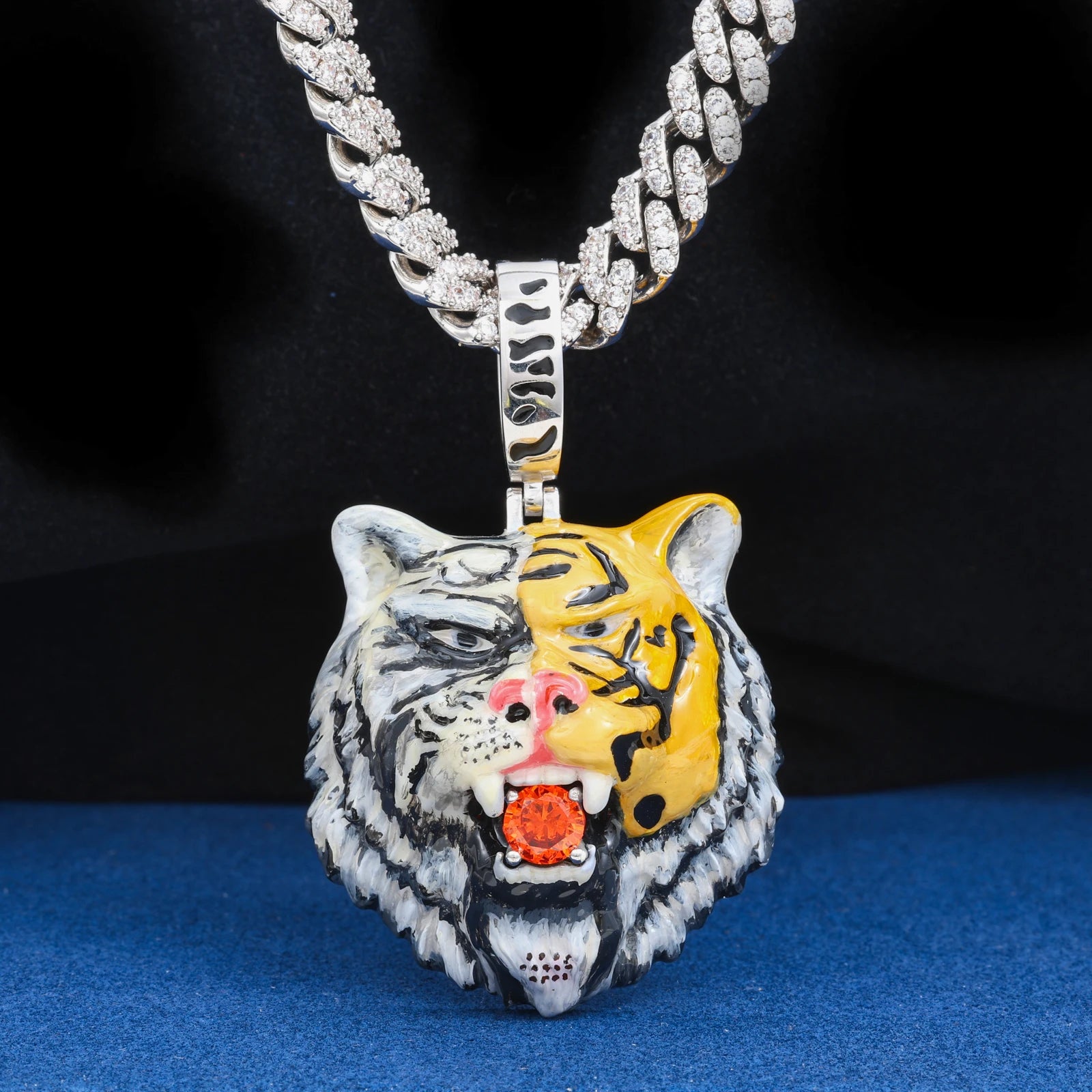 S925 Red Moissanite Enamel Tiger Pendant - Different Drips