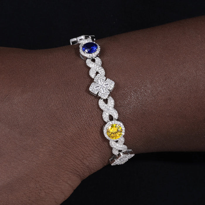 Infinity-Link Bracelet with Canary & Sapphire-Blue Rounds, Cross Center - Different Drips