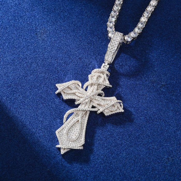 Fully Iced Ornate Moissanite Cross Pendant - Different Drips