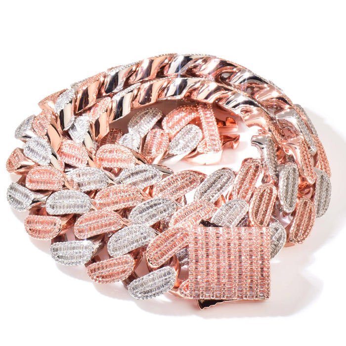 21mm Rose & White Gold Baguette Cuban Chain - Different Drips