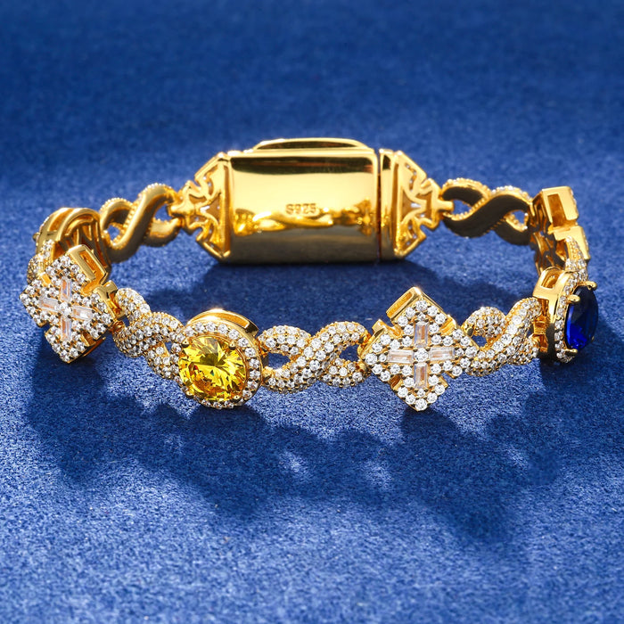 Infinity-Link Bracelet with Canary & Sapphire-Blue Rounds, Cross Center - Different Drips