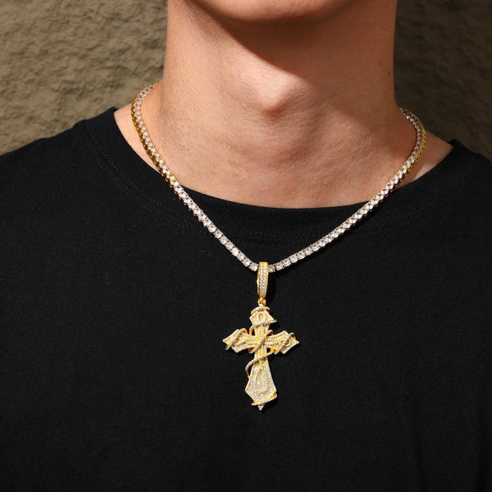 Fully Iced Ornate Moissanite Cross Pendant - Different Drips