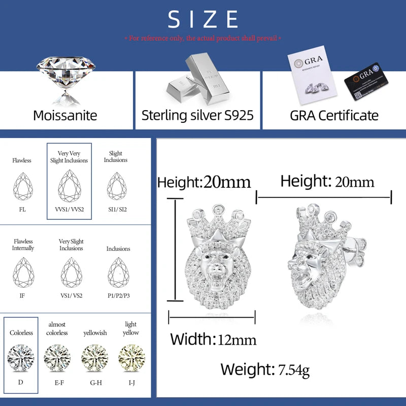 925 Sterling Silver Iced Crowned Lion Head Stud Earrings - Different Drips