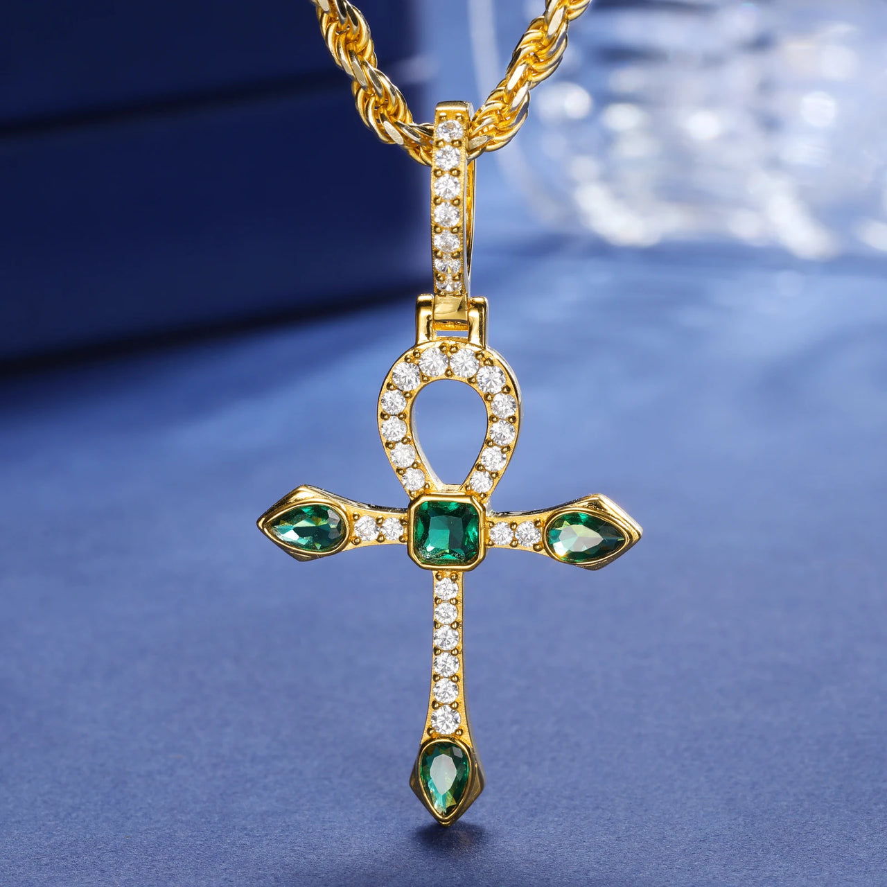 S925 Emerald Moissanite Ankh Cross Pendant - Different Drips