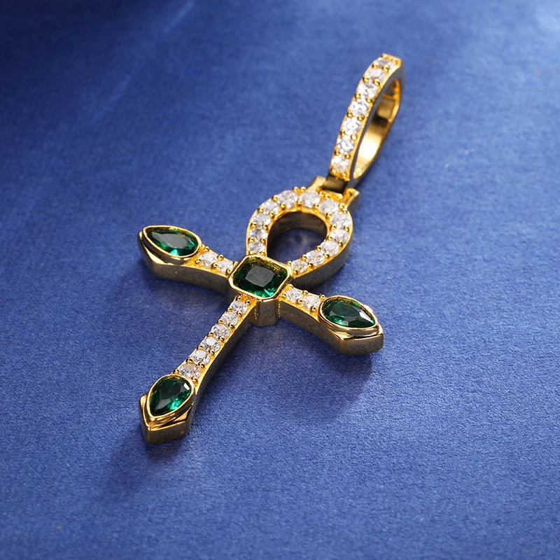 S925 Emerald Moissanite Ankh Cross Pendant - Different Drips