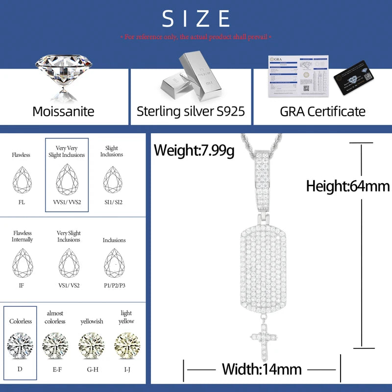 S925 Moissanite Iced Dog Tag Pendant with Dangling Cross - Different Drips