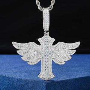 S925 Moissanite Baguette Winged Cross Pendant - Different Drips