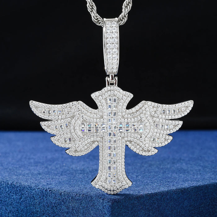 S925 Moissanite Baguette Winged Cross Pendant - Different Drips