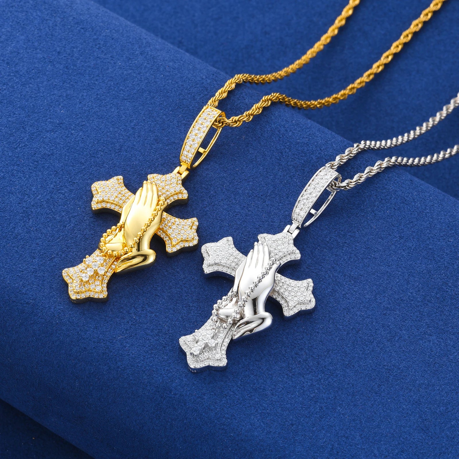 S925 Moissanite Flared Prayer Hands Cross Pendant - Different Drips