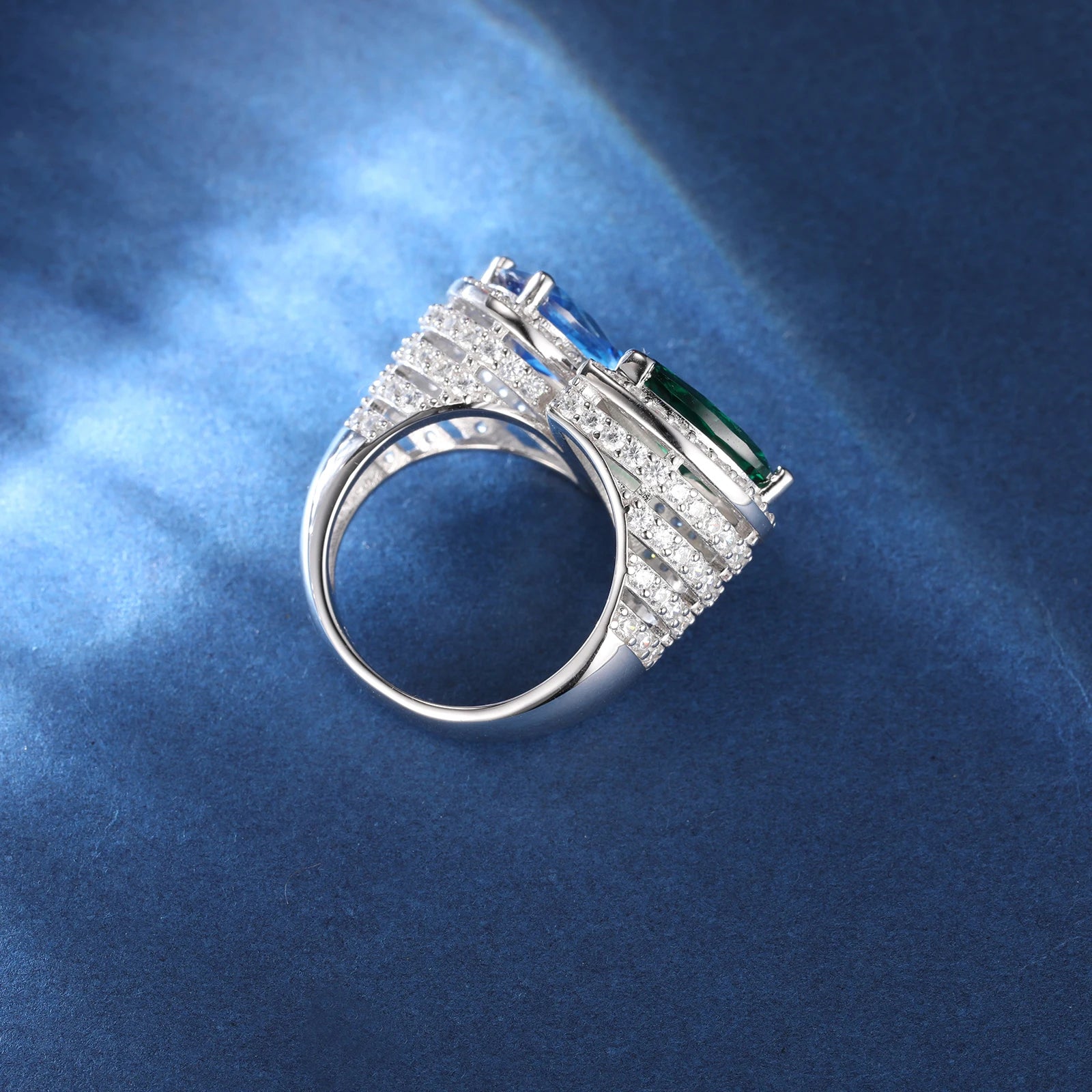 S925 Moissanite Blue & Green Gem Ring - Different Drips