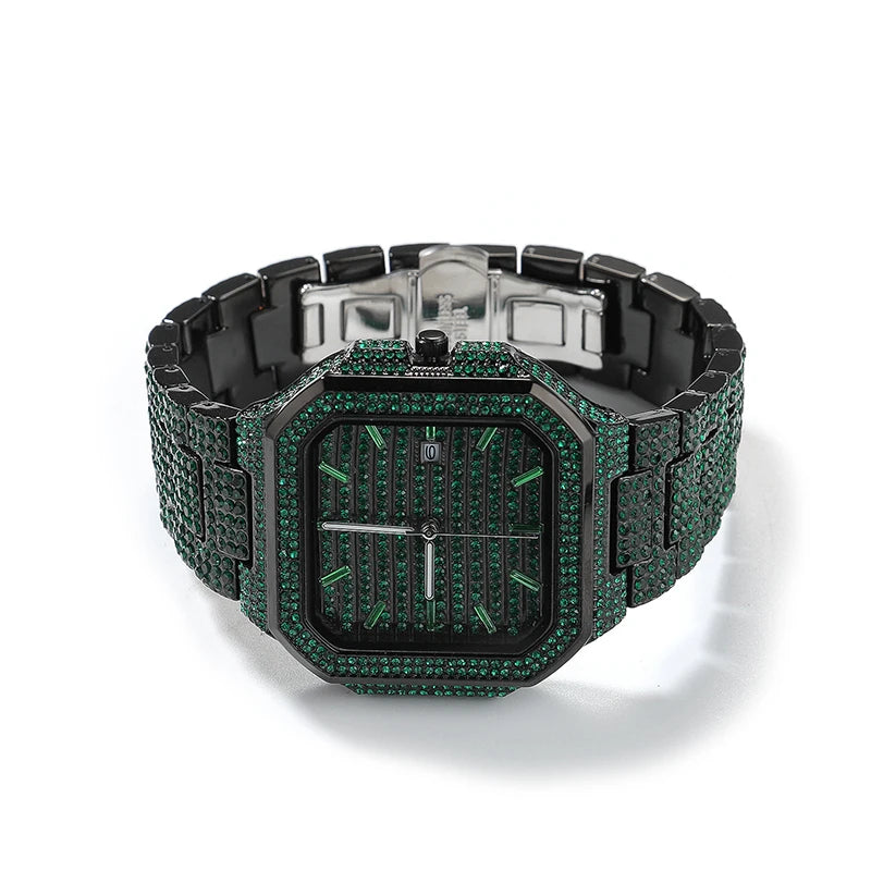 Green Iced Square Face Black Metal Watch