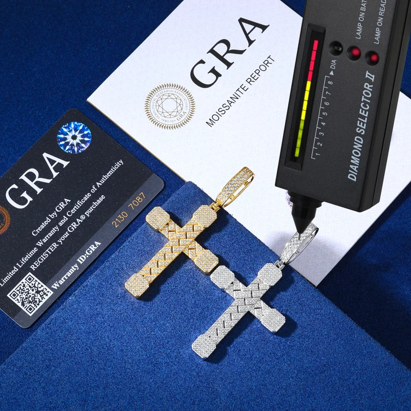 Basket-Weave Iced Moissanite Cross Pendant - Different Drips