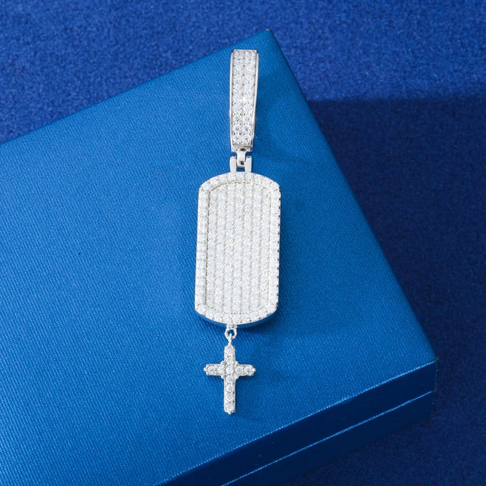 S925 Moissanite Iced Dog Tag Pendant with Dangling Cross - Different Drips