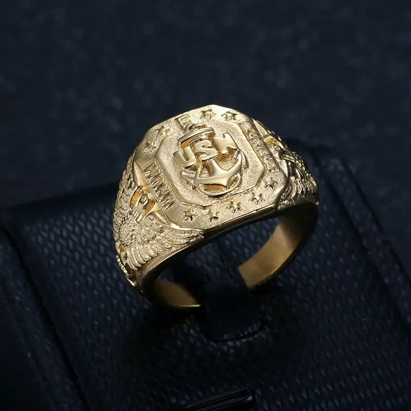 Gold Eagle Anchor Nautical Signet Ring - Different Drips