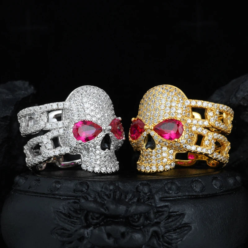 S925 Moissanite Diamond / Ruby Skull Cuban Ring - Different Drips