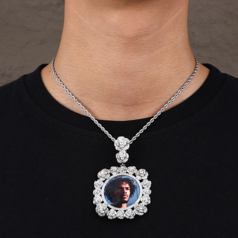 Rosette Halo Moissanite Custom Photo Medallion Pendant - Different Drips