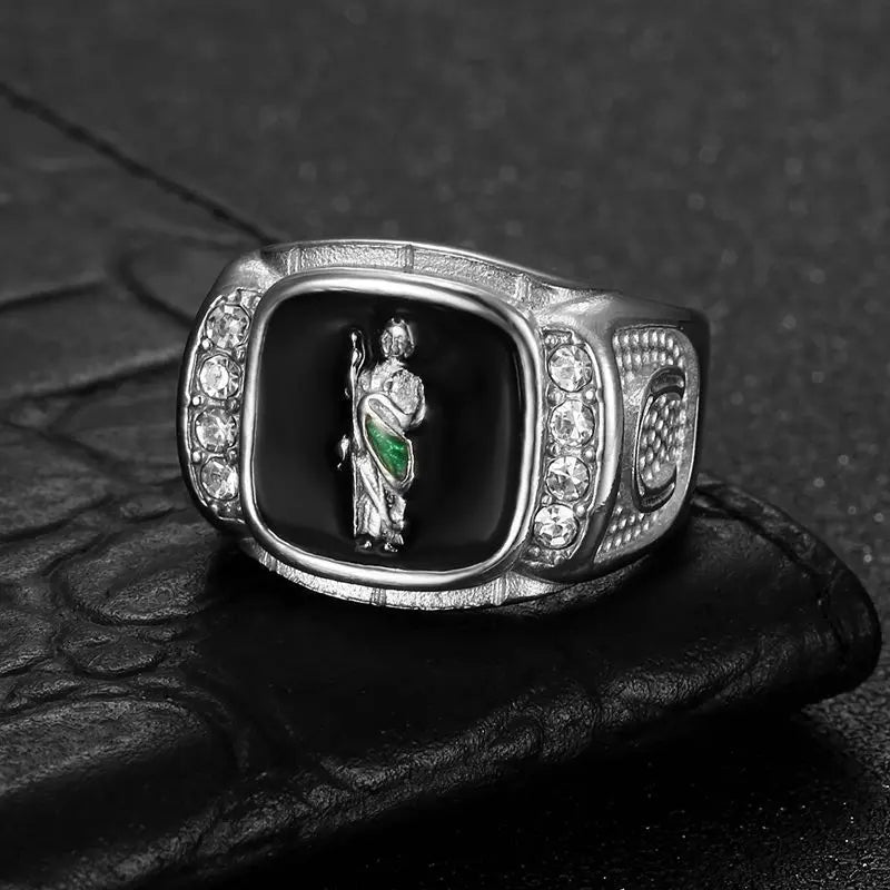 San Judas Black Enamel Signet Ring - Different Drips