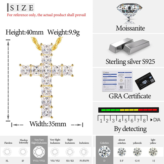 S925 Moissanite Square Cut Cross Pendant - Different Drips