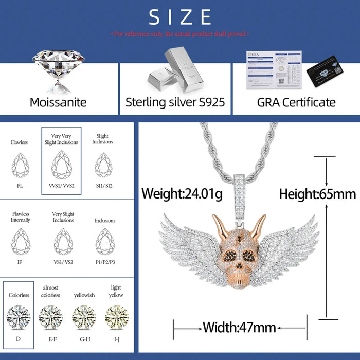 S925 Moissanite Diamond Winged Demon Skull Pendant - Different Drips